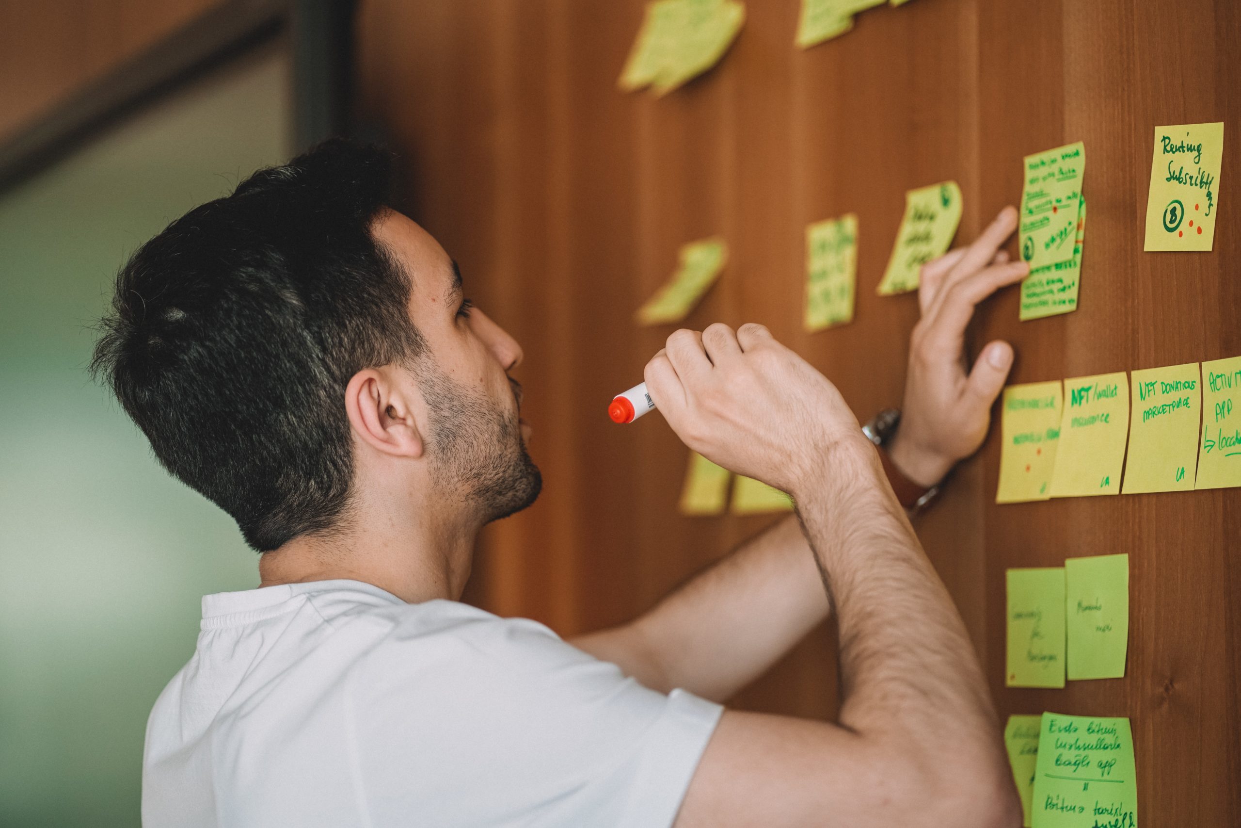 Startup business owner strategizing on post it notes