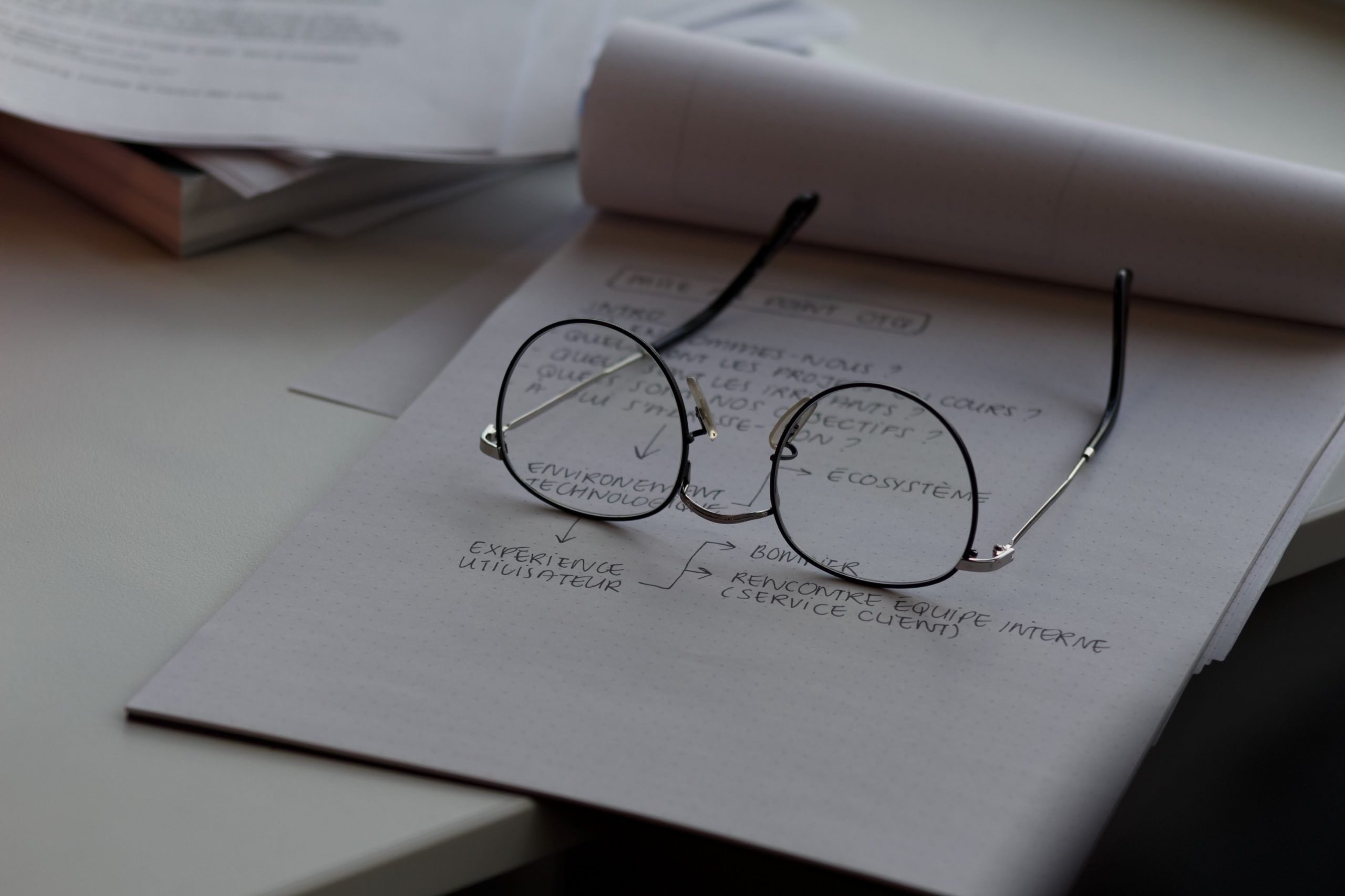 Paper with glasses on it with a plan to change an organizations structure